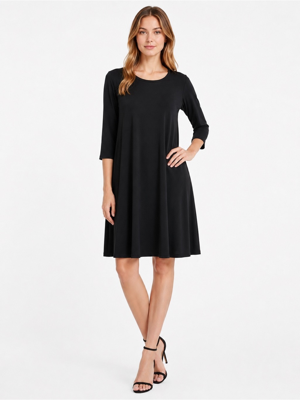 Leota Black Dress Large Solid Minimalist Stretch Flowy 3/4 Sleeves Pockets Swing